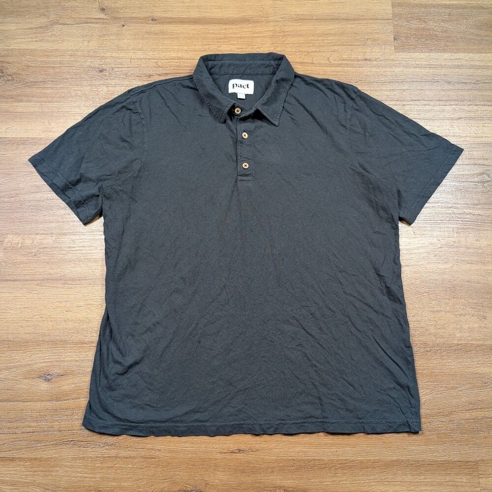 Pact Polo Shirt Men Large Black Organic Cotton Linen Blend Breathable Casual
